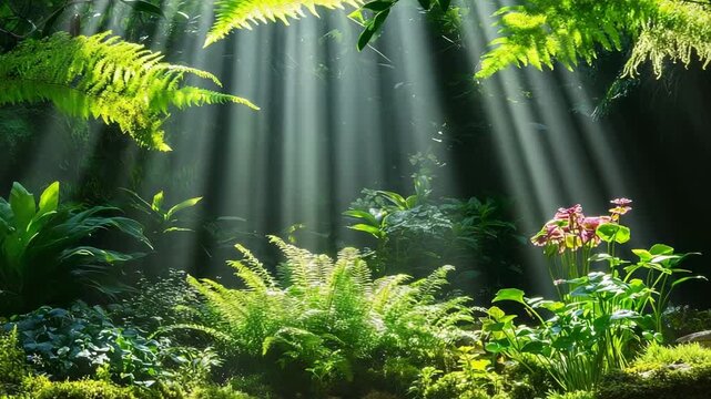 Sunbeams piercing a lush jungle canopy, illuminating vibrant ferns and foliage