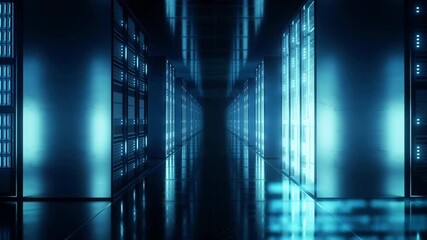 A sleek data center filled with rows of servers is illuminated by blue lights. The environment exudes a sense of advanced technology and efficiency, emphasizing modern data management - Powered by Adobe
