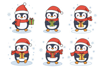 Fototapeta premium A set of 6 cute Christmas stickers featuring penguins wearing Santa hats, holding candy canes and presents, pastel cartoon flat style, soft warm light, isolated on white background.
