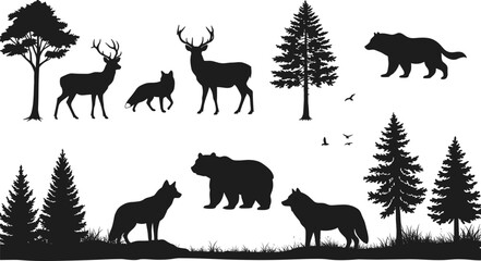 Wild forest animal silhouette illustration with deer, bear, wolf, and pine trees in natural woodland scenery, wildlife nature design for outdoor adventure concept