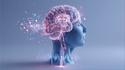 Conceptual illustration of a brain with digital particles on a blue background