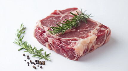 Obraz premium Fresh raw ribeye steak with rosemary and peppercorns on a white background. a juicy, uncooked ribeye steak, garnished with fresh rosemary and peppercorns, ready for cooking.