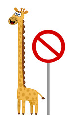 Cute giraffe on profile with prohibition sign on white background - vector