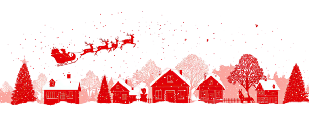 A pixelated red silhouette of a holiday scene with houses, trees, and Santa in the night sky