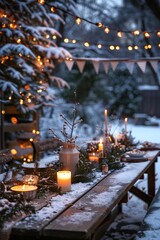 Cozy winter evening scene featuring a rustic outdoor table decorated with candles, evergreen branches, and festive lights, surrounded by snow covered trees. A warm and inviting holiday atmosphere perf
