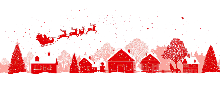 A pixelated red silhouette of a holiday scene with houses, trees, and Santa in the night sky