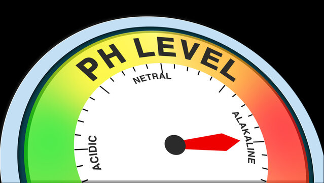 pH Level Alkaline meter concept on black background representing strong alkalinity, high pH, and chemical imbalance illustrated as a creative gauge showing basic conditions