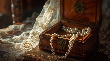 Elegant still life of an open antique wooden jewelry box with a string of white pearls and delicate lace fabric in warm natural light, evoking timeless beauty and vintage charm.