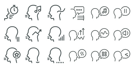 Voice and communication outline icons set – line, linear, audio and speech symbols