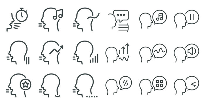 Voice and communication outline icons set – line, linear, audio and speech symbols
