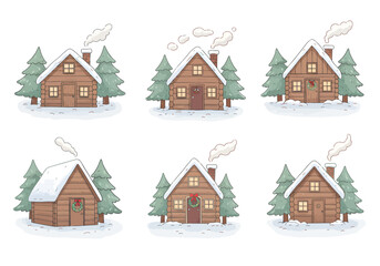 Fototapeta premium A set of 6 cute Christmas stickers featuring a cozy wooden winter cabin — small log cabin with Christmas wreath on the door, smoke coming from chimney, pine trees covered in snow, pastel tones