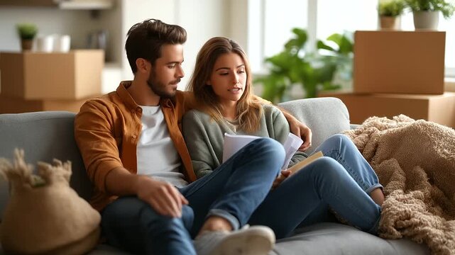 Couple Planning While Relaxing on Sofa During Move to New Home Notebooks and Blueprints in Hand with Thoughtful Expressions Amid Scattered Boxes Cozy Furniture and Soft Throw