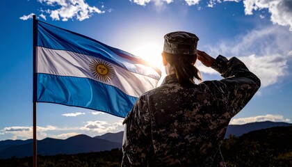 Soldier with his back turned, saluting the Argentine national flag in a spectacular sky