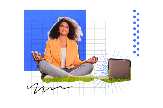 Composite trend artwork sketch image photo collage of young lady student worker sit balance meditate remote job laptop internet - Powered by Adobe