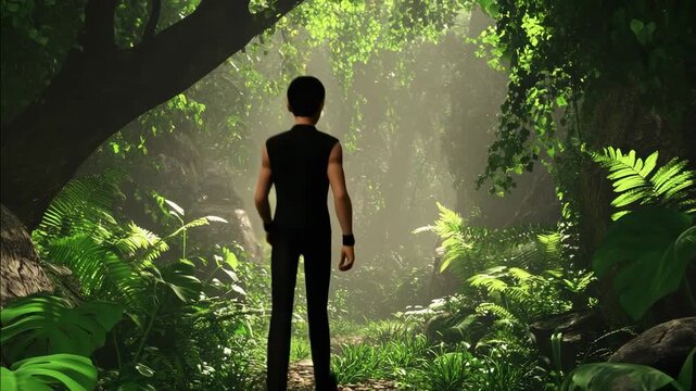A person's view entering a dense, misty jungle path lit by golden sun rays