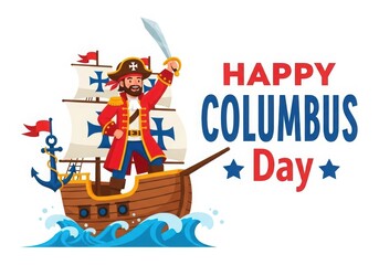 Illustration of happy columbus day with pirate on ship isolated on white background