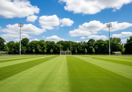 A scenic view of an empty soccer field with perfectly striped green grass, goalposts in the distance, and tall stadium lights under a bright blue sky with fluffy white clouds