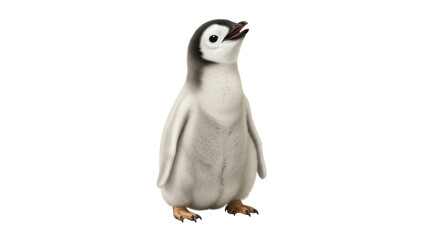 Isolated baby penguin with fluffy feathers looking up, standing on small webbed feet
