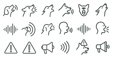 Animal communication line icons set – vocal sounds, alert symbols, outline