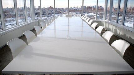 Modern boardroom with long table and chairs overlooking city skyline