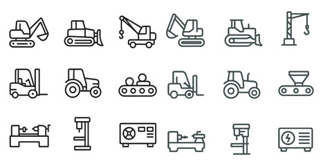 Construction equipment outline icons set &ndash; line, silhouette, heavy machinery symbols