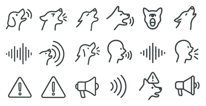 Animal communication line icons set &ndash; vocal sounds, alert symbols, outline