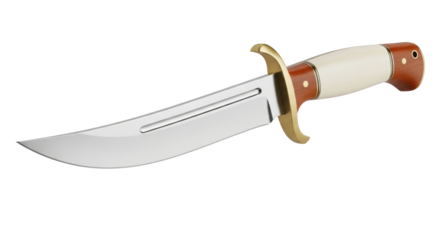 Isolated Bowie knife with wood handle and brass finger guard, hunting knife for survival