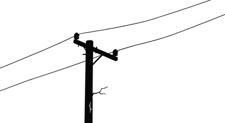 Wooden electric power pole with wires silhouette illustration, rural electricity infrastructure vector design, utility post, black and white minimal energy concept