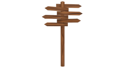 Isolated wooden signpost pointing in different directions, navigational guide with multiple arrows