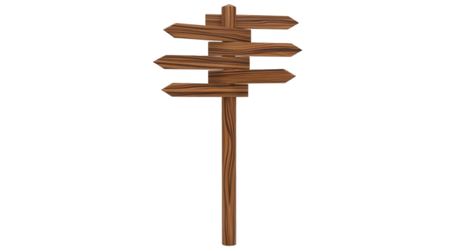 Isolated wooden signpost pointing in different directions, navigational guide with multiple arrows