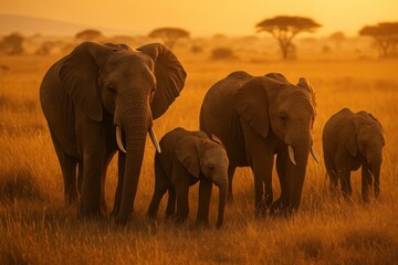 Fototapeta premium Elephants roaming African savannah sunset