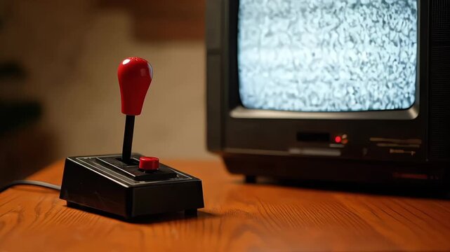 Vintage arcade joystick and a classic television displaying screen noise on a wooden surface.