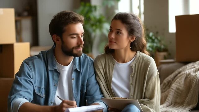 Couple Planning While Relaxing on Sofa During Move to New Home Notebooks and Blueprints in Hand with Thoughtful Expressions Amid Scattered Boxes Cozy Furniture and Soft Throw