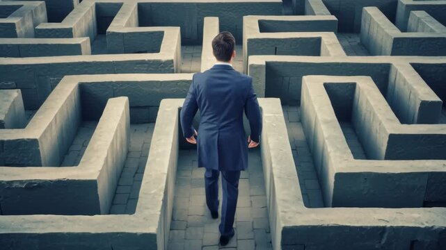 Businessperson Facing Complex Maze Reflecting Decision Making and Problem Solving Challenges