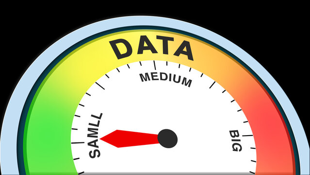 Data Small meter concept on black background representing minimal data size, low volume, and limited information illustrated as a creative gauge showing small quantity