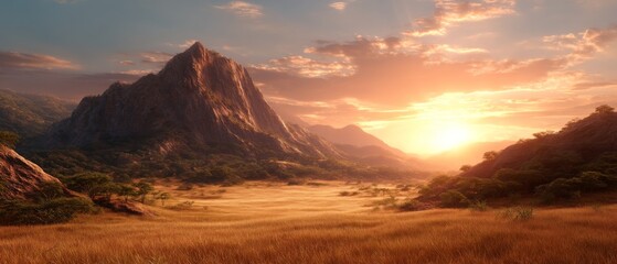 Naklejka premium Serene Sunset Over Majestic Mountains and Golden Fields in Tranquil Natural Landscape