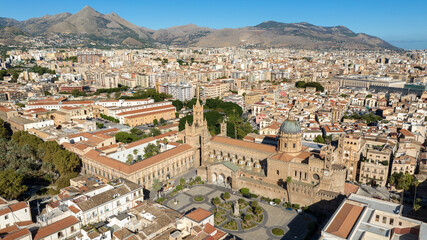 Fototapeta premium Aerial view of Palermo Cathedral. It is the cathedral church of the Roman Catholic Archdiocese of Palermo, located in Sicily, southern Italy. It is dedicated to the Assumption of the Virgin Mary.