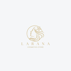 Elegant line art logo design for a beauty or cosmetics brand featuring a woman's profile and flower in a circle, perfect for branding materials