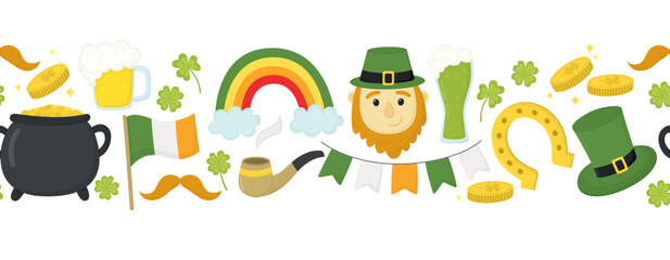 St. Patrick's day seamless border. Horizontal pattern with Leprechaun, rainbow, gold coins, cauldron, beer, garland etc