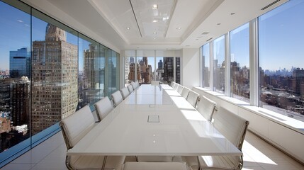 Modern conference room with city view and long table for meetings