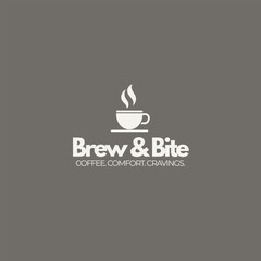 Modern Brew and Bite logo design perfect for a charming coffee shop or cafe branding needs with coffee cup and steam illustration