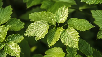 Fresh green leaves glistening with water droplets in a lush, vibrant forest setting