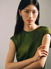 Elegant woman in green top with minimal styling poses gracefully in a modern studio environment.