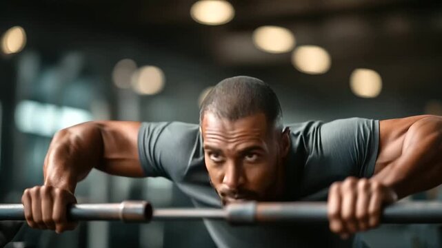 Determined Athlete Performing Dips on Parallel Bars in Gym Arm Flexion and Bar Grip Textures with Vein Details Gym Atmosphere with Weights Conveying Upper Body Strength and