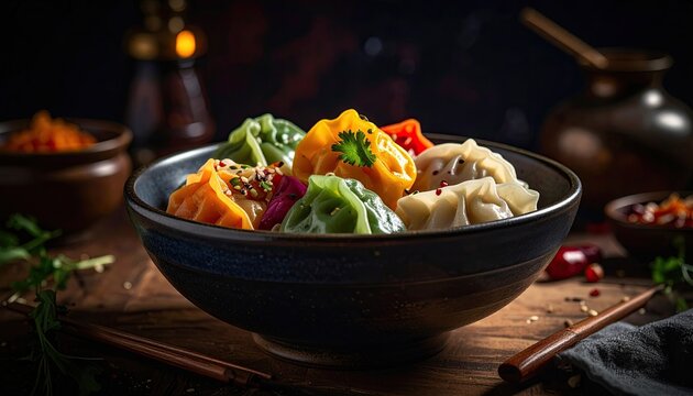 Colorful Assorted Dumplings in a Dark Bowl on a Wooden Table with Chopsticks and Small Side Dishes Cinematic Cozy Tones