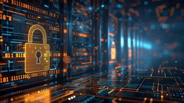 Digital security concept with lock symbol on futuristic data background for technology themes