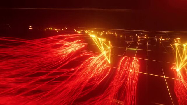 Inside a virtual reality grid, red waves of malicious code attempt to invade. Immediately, golden AI shields rise, forming crystalline structures that deflect the attack.