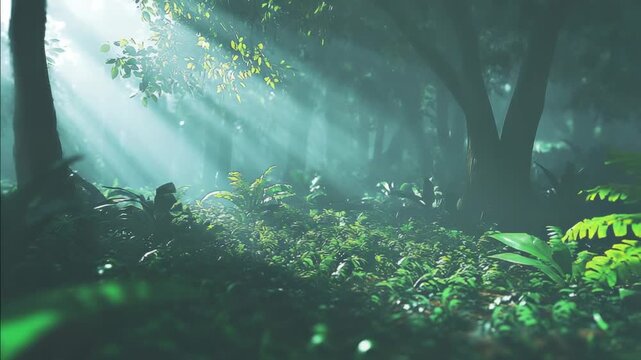 Ethereal sunbeams pierce a dense, foggy forest, illuminating lush green foliage