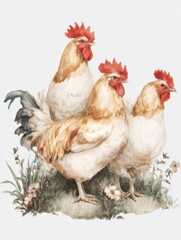 Fototapeta premium Chickens standing together in a garden with green grass and small flowers during the daytime