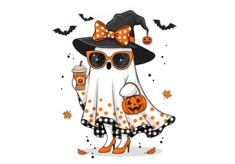 Illustration of a cute ghost with pumpkin bag and coffee isolated on white background